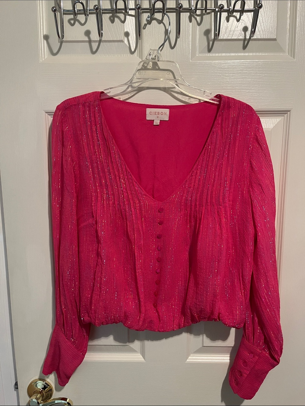 Cibeon Pink V-Neck Long-Sleeve shimmer Blouse